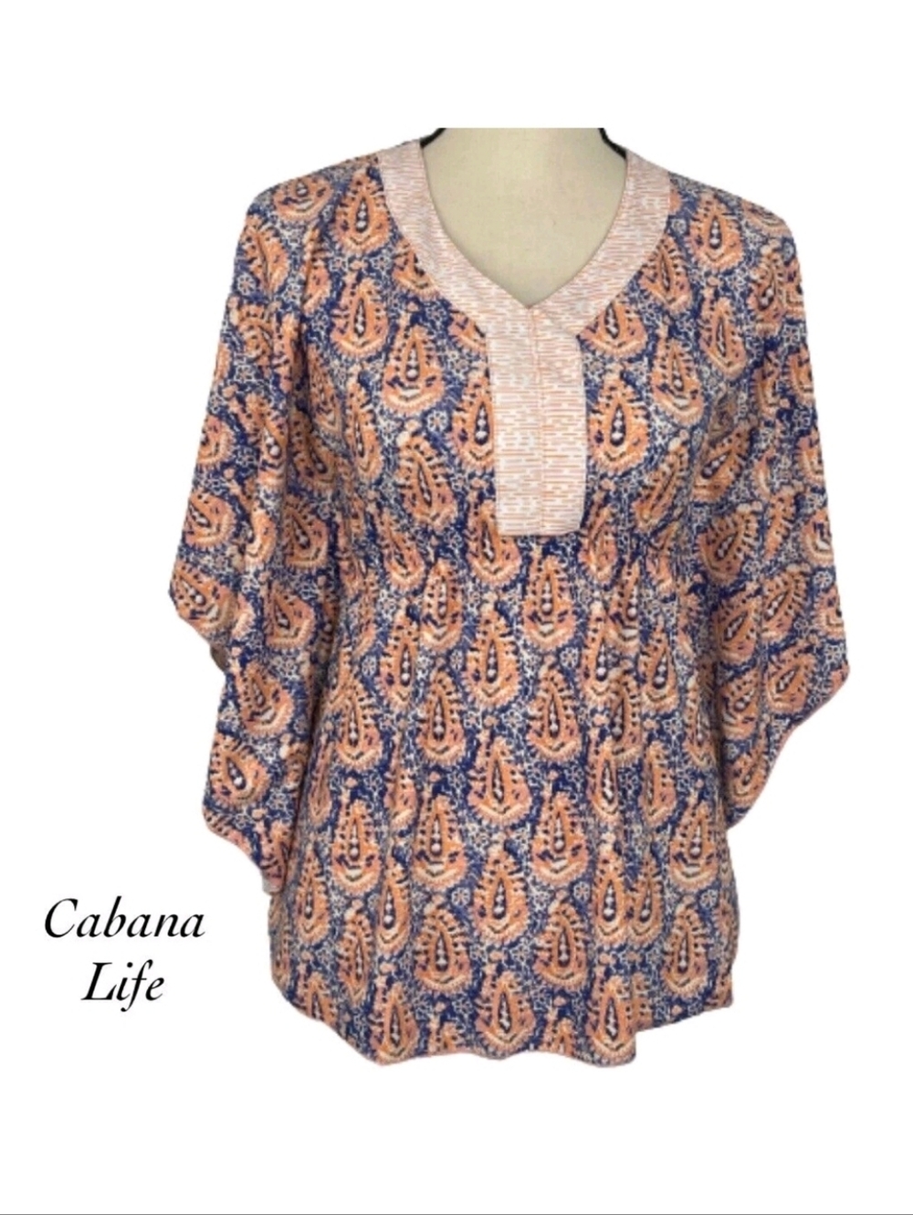 Cabana Life Blue And Coral UPF 50+ Short Sleeved Cover Up Poolside Top Size 14